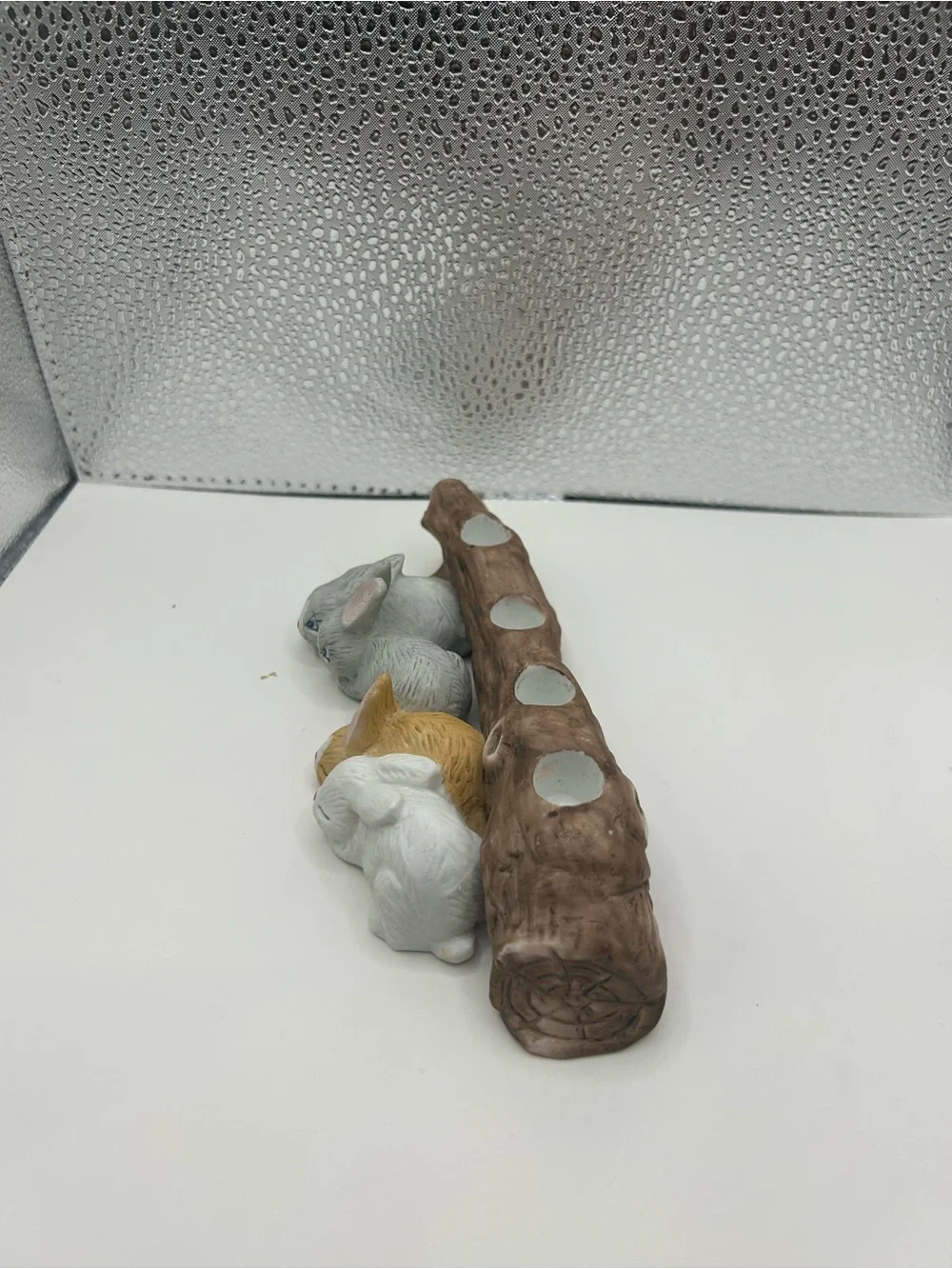 Vintage 1986 WNS Taiwan porcelain candle holder hand-painted bunnies Rustic Log